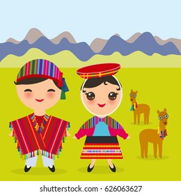 Peruvian boy and girl in national costume and hat. Cartoon children in traditional dress Landscape with mountains, green grass, llamas. Vector illustration