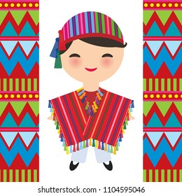 Peruvian boy in national costume and hat. Cartoon children in traditional dress Indigenous peoples of the Americas. Triangle and line tribal pattern. Vector