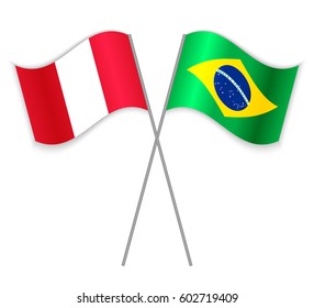 Peruvian and Brazilian crossed flags. Peru combined with Brazil isolated on white. Language learning, international business or travel concept.