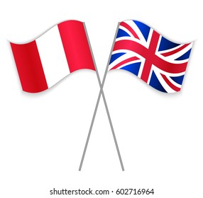 Peruvian and British crossed flags. Peru combined with United Kingdom isolated on white. Language learning, international business or travel concept.