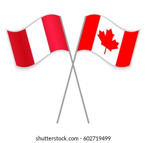 Peruvian and Canadian crossed flags. Peru combined with Canada isolated on white. Language learning, international business or travel concept.