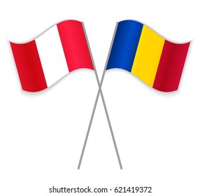 Peruvian and Chadian crossed flags. Peru combined with Chad isolated on white. Language learning, international business or travel concept.