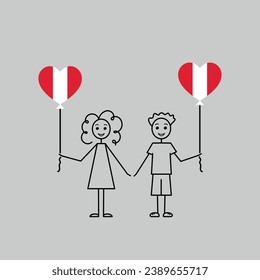 peruvian children, love Peru sketch, girl and boy with a heart shaped balloons, black line vector illustration