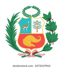 Escudo de armas peruano sobre el fondo blanco. Ilustración vectorial decorativa