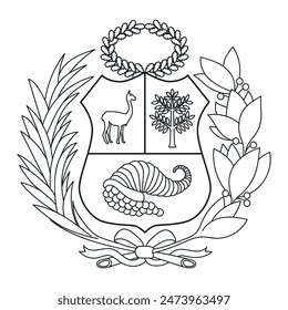 Peruvian coat of arms outline. Monochrome contour vector illustration fol logo.