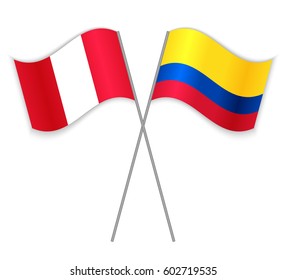 Peruvian and Colombian crossed flags. Peru combined with Colombia isolated on white. Language learning, international business or travel concept.