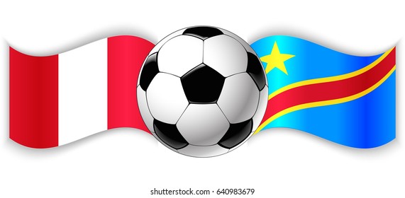 Peruvian and Congolese wavy flags with football ball. Peru combined with Democratic Republic of the Congo isolated on white. Football match or international sport competition concept.
