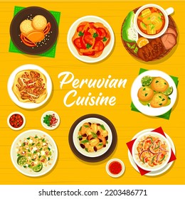 Peruvian cuisine cover page design. Quinoa bean salad, potatoes with olives and Lomo Saltado, quinoa feta salad, Causa croquettes and Sancochado, cookie Alfajores, chicken with sauce Aji de Gallina