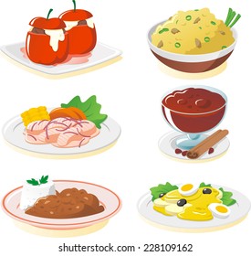 Peruvian cuisine dishes cartoon illustration set