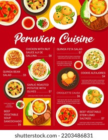 Peruvian cuisine food menu. Chicken with sauce Aji de Gallina, cookie Alfajores and quinoa feta salad, Causa croquettes, potatoes with olives and soup Sancochado, stew Lomo Saltado, quinoa bean salad