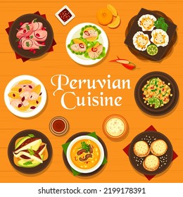 Peruvian cuisine menu cover design template. Beef corn chowder, fish ceviche with red onion and chili, clam ceviche, avocado quinoa salad and cookie Alfajores, fish ceviche with grapefruit and avocado