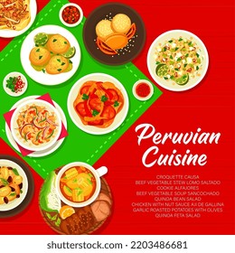 Peruvian cuisine menu cover page. Cookie Alfajores, quinoa feta salad and potatoes with olives, Lomo Saltado, Causa croquettes and soup Sancochado, quinoa bean salad, chicken with sauce Aji de Gallina