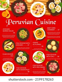 Peruvian cuisine menu page template. Fish ceviche with grapefruit and avocado, cookie Alfajores, fish ceviche with red onion and chili, clam ceviche, beef corn chowder and avocado quinoa salad