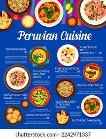 Peruvian cuisine menu with vector fish, meat and vegetable food. Seafood ceviche and beef stew lomo saltado with flatbread and quinoa salad, corn chowder and dulce de leche sandwich cookie alfajor