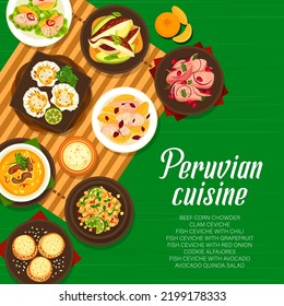 Peruvian cuisine restaurant menu vector cover. Cookie Alfajores, fish ceviche with red onion and chili, beef corn chowder, clam ceviche, avocado quinoa salad, fish ceviche with grapefruit and avocado