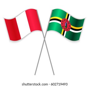 Peruvian and Dominican crossed flags. Peru combined with Dominica isolated on white. Language learning, international business or travel concept.