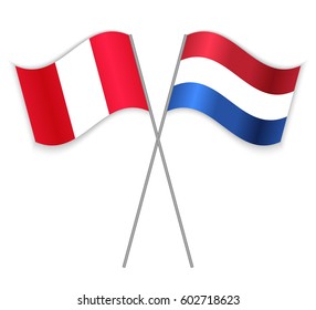 Peruvian and Dutch crossed flags. Peru combined with Netherlands isolated on white. Language learning, international business or travel concept.