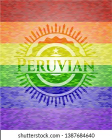 Peruvian emblem on mosaic background with the colors of the LGBT flag