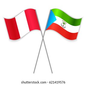 Peruvian and Equatorial Guinean crossed flags. Peru combined with Equatorial Guinea isolated on white. Language learning, international business or travel concept.