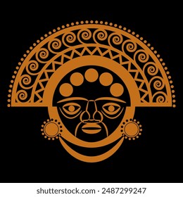 Peruvian ethnic motif. Indigenous human mask. Tumi symbol. Monochrome black and orange silhouette.