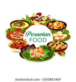 Peruvian food vector icon with fish ceviche, meat vegetable stews and milk cookies. Grilled chicken salad with chilli, beef corn casserole and shrimp seafood croquettes, baked potato and alfajores