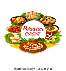 Peruvian food vector icon of meat, seafood and vegetable dishes with fish ceviche and milk cookies. Beef stew with corn and chilli, shrimp croquettes and chicken salad, baked potato and alfajores