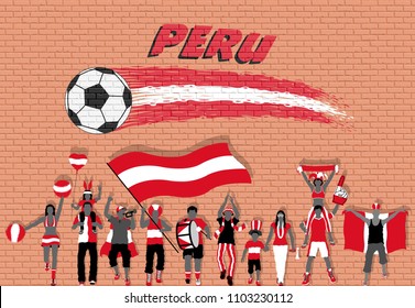 Peruvian football fans cheering with Peru flag colors in front of soccer ball graffiti. All the objects are in different layers and the text types do not need any font. 