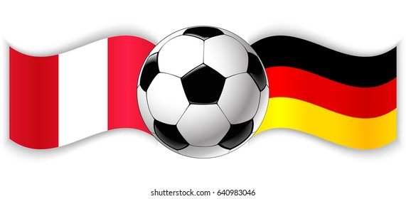 Peruvian and German wavy flags with football ball. Peru combined with Germany isolated on white. Football match or international sport competition concept.