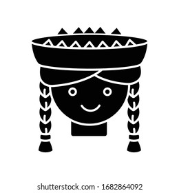 Peruvian girl black glyph icon. Cute smiling woman head with braids. Young lady in traditional hat. Local Peru child. Silhouette symbol on white space. Vector isolated illustration