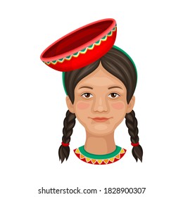 Peruvian Girl Head with Braids Wearing Ethnic Hat Vector Illustration