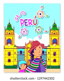 Peruvian with girl in national costume. Woman and girl in traditional costume in Lima cathedral. Travel to Peru.  People. Vector - illustration