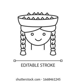 Peruvian girl pixel perfect linear icon. Cute smiling woman head in traditional hat. Thin line customizable illustration. Contour symbol. Vector isolated outline drawing. Editable stroke