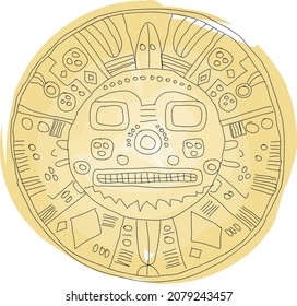 peruanische Goldsonne, goldene Maske, 
symbolisches Symbol für eine Vorfahren- und Kulturfeier der Andenvölker für die Wintersonnenwende. Vektorgrafik, Aquarellskizze
