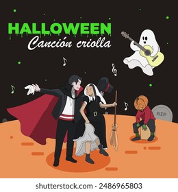 Peruvian Halloween people dancing la canción  criolla dressed as monsters in cementery 