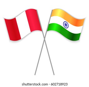 Peruvian and Indian crossed flags. Peru combined with India isolated on white. Language learning, international business or travel concept.