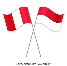 Peruvian and Indonesian crossed flags. Peru combined with Indonesia isolated on white. Language learning, international business or travel concept.