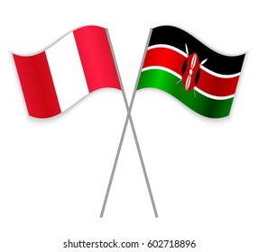 Peruvian and Kenyan crossed flags. Peru combined with Kenya isolated on white. Language learning, international business or travel concept.
