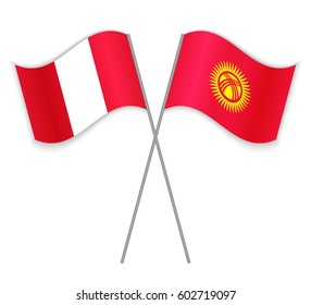 Peruvian and Kirgiz crossed flags. Peru combined with Kyrgyzstan isolated on white. Language learning, international business or travel concept.