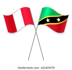 Peruvian and Kittitian crossed flags. Peru combined with Saint Kitts and Nevis isolated on white. Language learning, international business or travel concept.