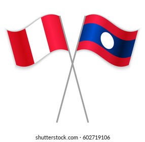 Peruvian and Laotian crossed flags. Peru combined with Laos isolated on white. Language learning, international business or travel concept.