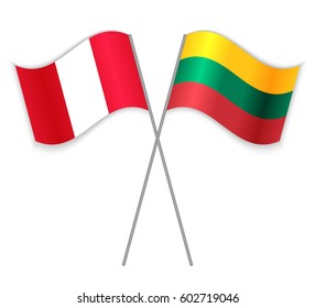 Peruvian and Lithuanian crossed flags. Peru combined with Lithuania isolated on white. Language learning, international business or travel concept.