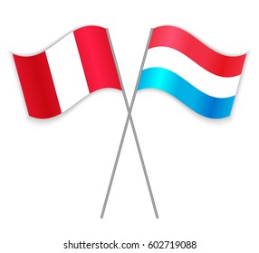 Peruvian and Luxembourgish crossed flags. Peru combined with Luxembourg isolated on white. Language learning, international business or travel concept.