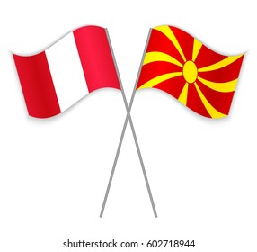 Peruvian and Macedonian crossed flags. Peru combined with Macedonia isolated on white. Language learning, international business or travel concept.