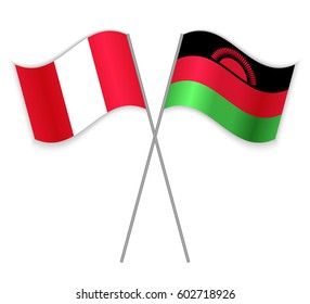 Peruvian and Malawian crossed flags. Peru combined with Malawi isolated on white. Language learning, international business or travel concept.