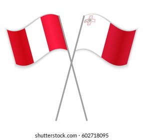 Peruvian and Maltese crossed flags. Peru combined with Malta isolated on white. Language learning, international business or travel concept.