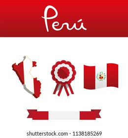 Peruvian map, cockade and flags, national symbols of Peru