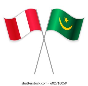 Peruvian and Mauritanian crossed flags. Peru combined with Mauritania isolated on white. Language learning, international business or travel concept.