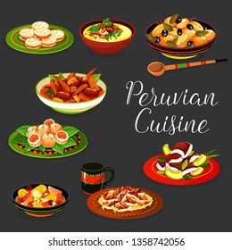 Peruvian meat and seafood dishes with vegetables vector design. Flounder fish ceviche, chicken with chili and nuts, corn soup, beef stew and potato croquettes, caramel cookie sandwiches alfajores