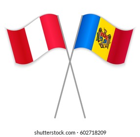 Peruvian and Moldovan crossed flags. Peru combined with Moldova isolated on white. Language learning, international business or travel concept.