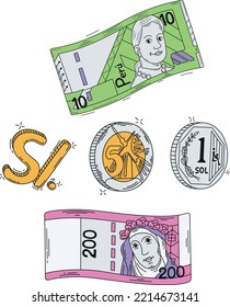 Peruvian money one sol and banknotes